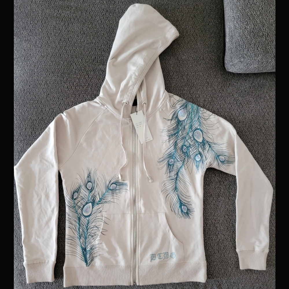 BNWT Y2K Women's Med BCBGMaxAzria Canvas Colored Bedazzled Blue Peacock Hoodie